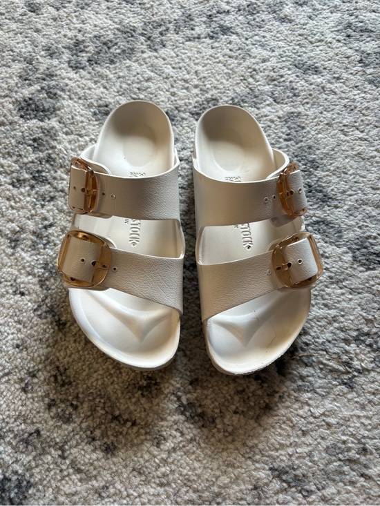 Birkenstock Shoes - Birkenstock White Two-Strap Sandals with Gold Buckles